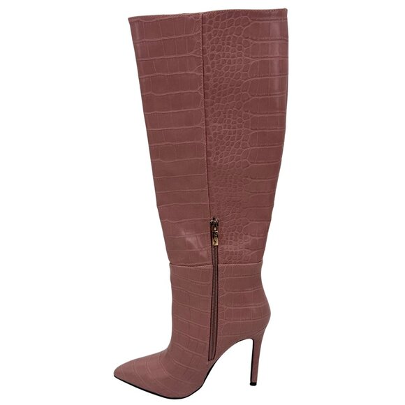 Guess Pink Vegan Croc Pointed Toe Knee High Stiletto Boots | Sexy Baddie Barbie - Picture 11 of 16